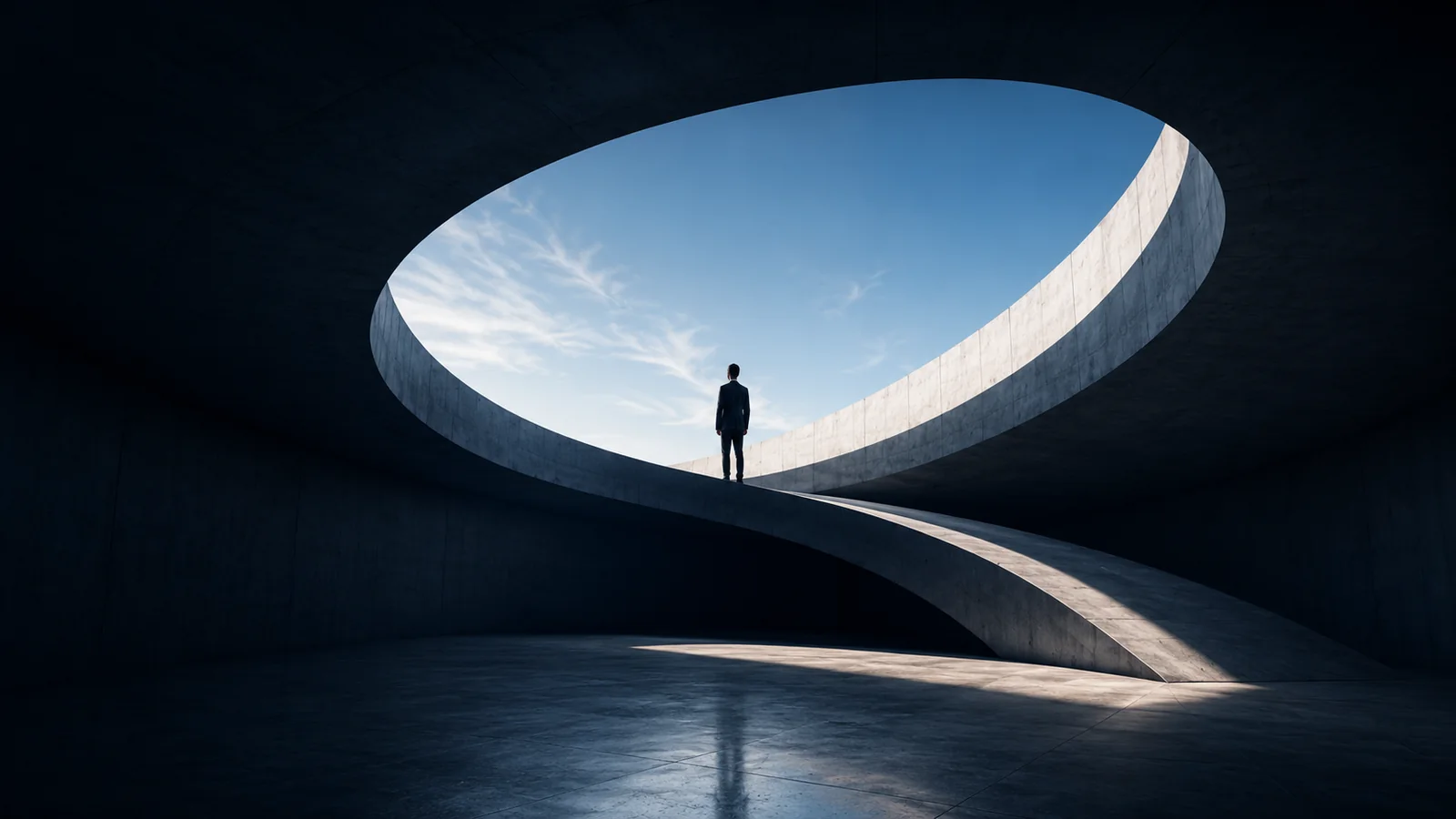 A lone professional standing inside a sculptural concrete opening beneath an open sky